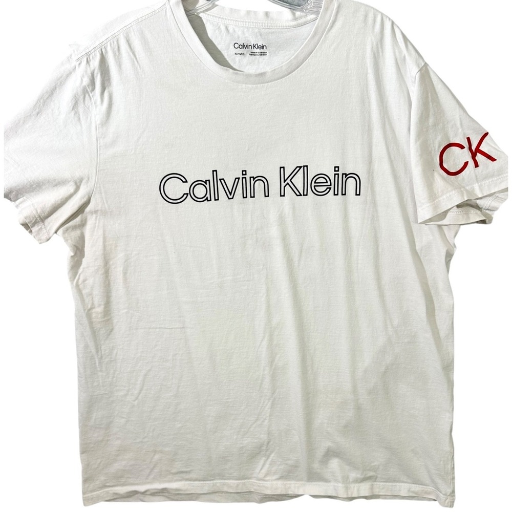 Calvin Klein White T-Shirt Short Sleeve Sz XL Black Letters Crew Neck 100%Cotton